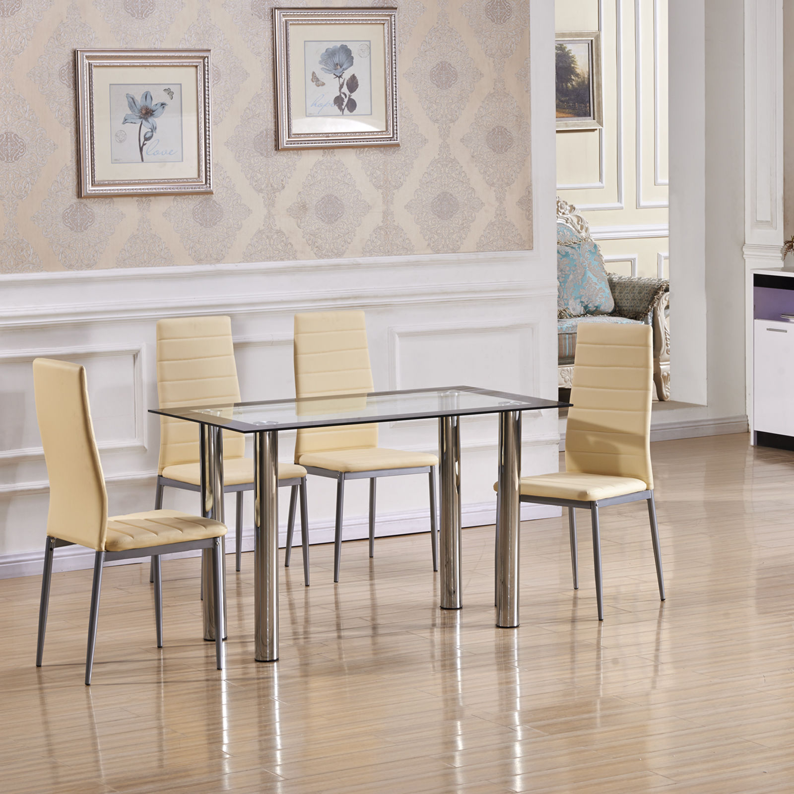 Clear Glass Dining Table Set with 4 Milky White Faux Leather Chairs