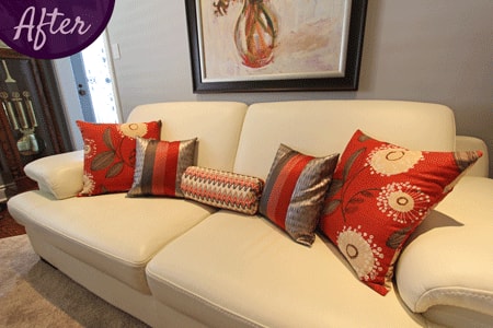 Custom Red and Beige Cushions by Sensational SEAMS in Bowmanville, ON - Room of the Month September 2016