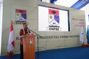 Menteri Riset, Teknologi dan Pendidikan Tinggi (Menristekdikti) Prof H Muhammad Nasir saat menyampaikan sambutannya pada acara peletakan batu pertama pembangunan kampus V UNPRI, yang terletak di Jalan Sampul Medan, Sabtu (26/8).