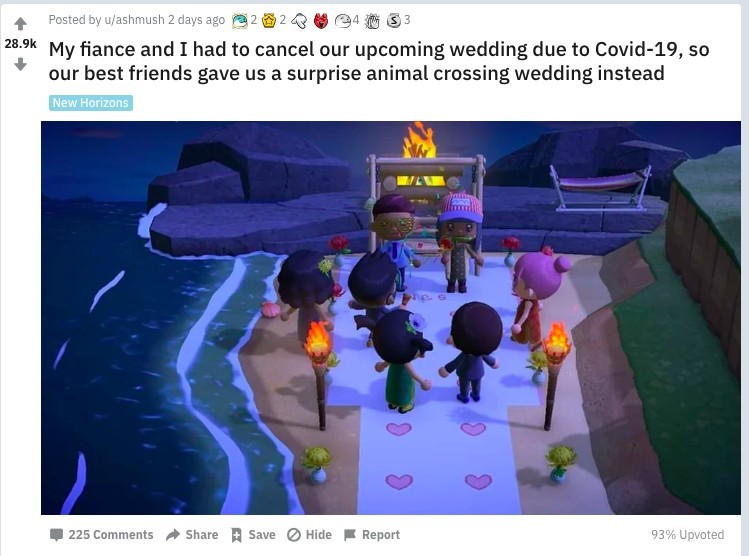 Reddit用戶ashmush的婚禮也因疫情取消,但未婚夫和好友於Switch遊戲《集合啦!動物森友會》中補辦婚禮