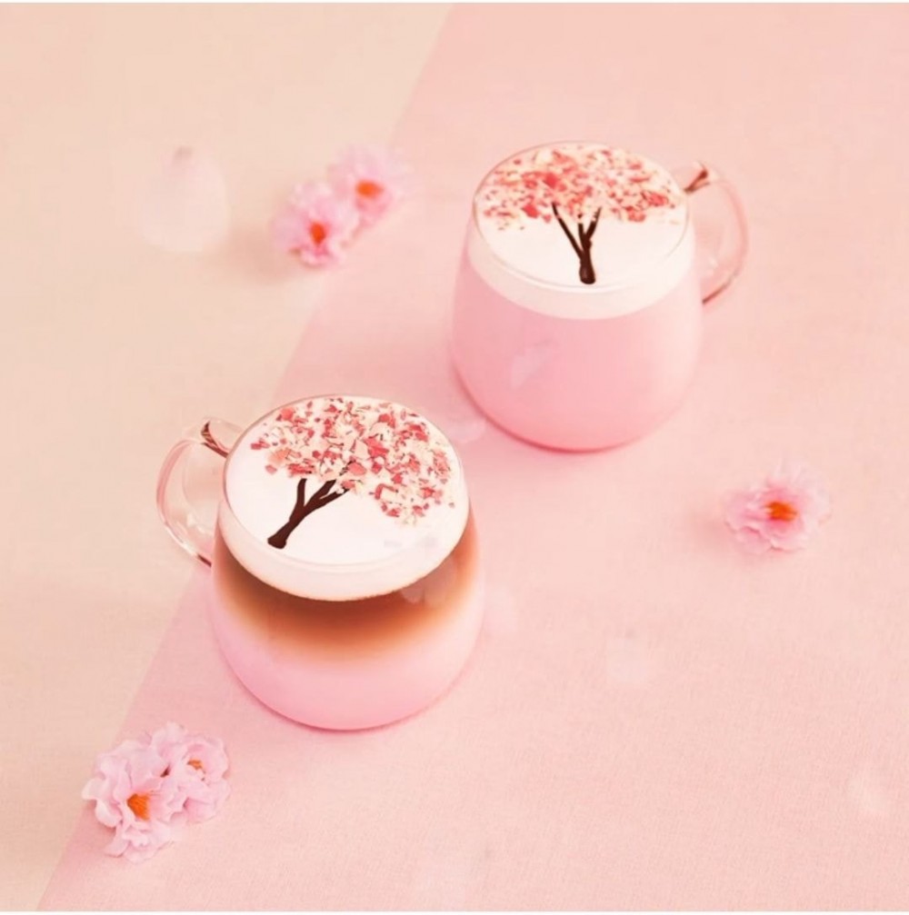 韓國Starbucks 櫻花紅寶石拿鐵 拉花櫻花