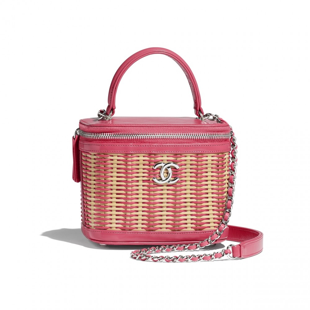 CHANEL small-vanity-case-beige-pink-rattan-calfskin-silver-tone-metal-rattan-calfskin HK$ 27,900