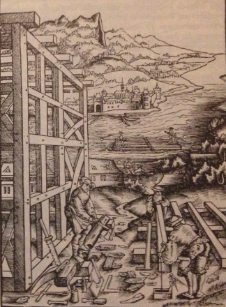 A Wood engraving shoving the construction of a half-timbered building; Sommern, H. Rodler 1531