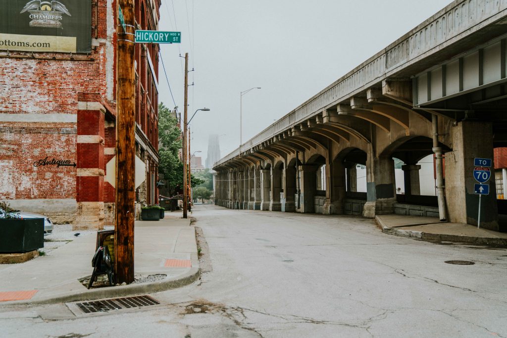 The highway bridge going down into the Westbottoms