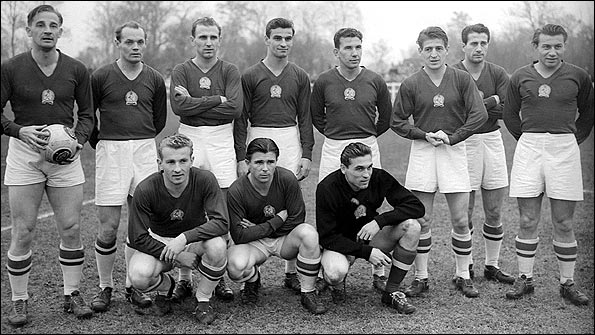 The Golden Team in 1953 front row: Mihály Lantos, Ferenc Puskás, Gyula Grosics back row: Gyula Lóránt, Jenő Buzánszky, Nándor Hidegkuti, Sándor Kocsis, József Zakariás, Zoltán Czibor, József Bozsik, László Budai Source: hungarytoday.com