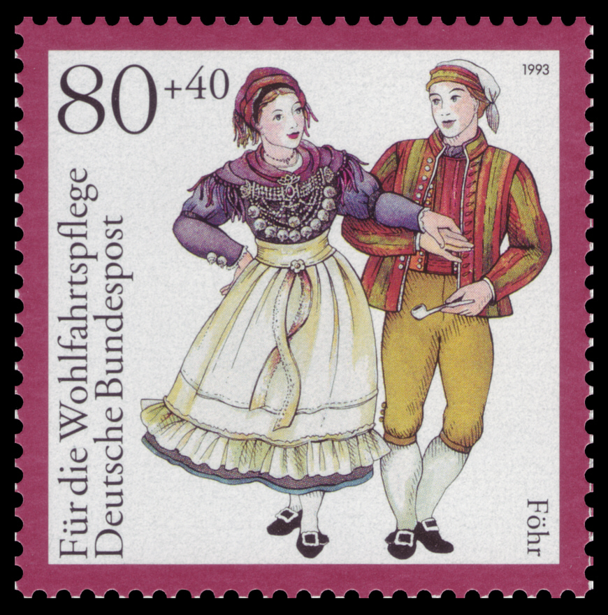 A stamp from 1993 shows the elaborate women's Tracht of the Frisian Islands. There is no real Frisian Tracht for men, as the males from the island spent most of their time at sea and thus no single male costume could develop.