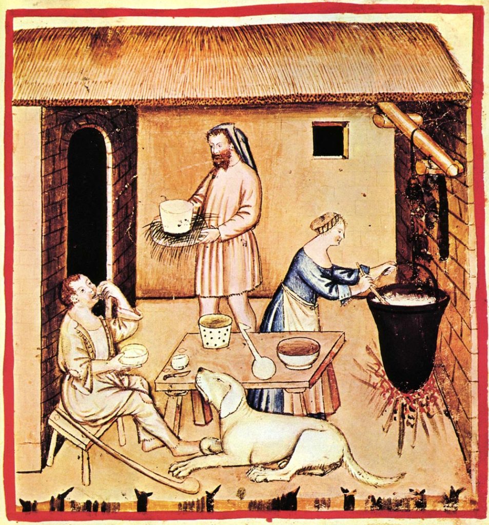 Cheese making-Tacuinum sanitatis Casanatensis (14th century) (Source: https://en.wikipedia.org/wiki/History_of_cheese)