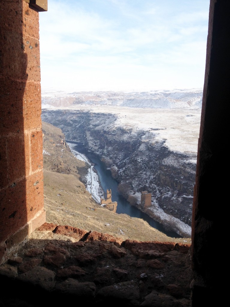 Silk Road bridge on the Akhurian River from the window of Manuchihr Mosque