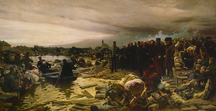 Pal Vago: Szeged will be more beautiful than ever: The Mayor of Szeged welcomes Francis Joseph after the flood in 1879. In the bacground: St Demetrius Church