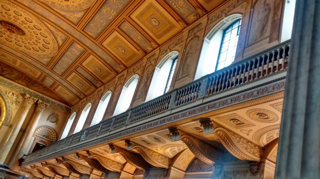 The beautifully restored ceiling of Painted Hall and Chapel