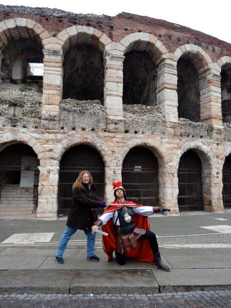 Kathleen and gladiator outside of the Verona Amphitheater. Kathleen and gladiator outside of the Verona Amphitheater.