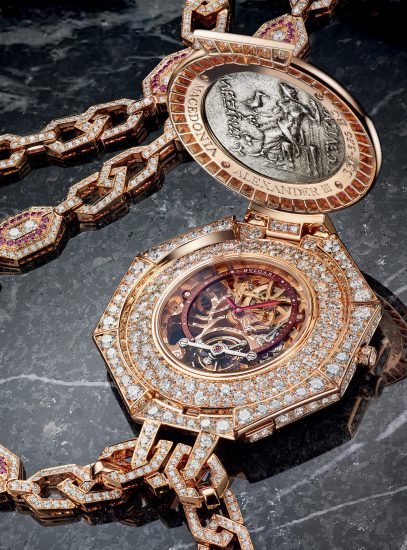 The gorgeous tourbillon calibre of the Bulgari Monete Pendant watch is itself protected by an octagonal case forming the pendant, crafted in 18kt pink gold and set with diamonds and rubies.