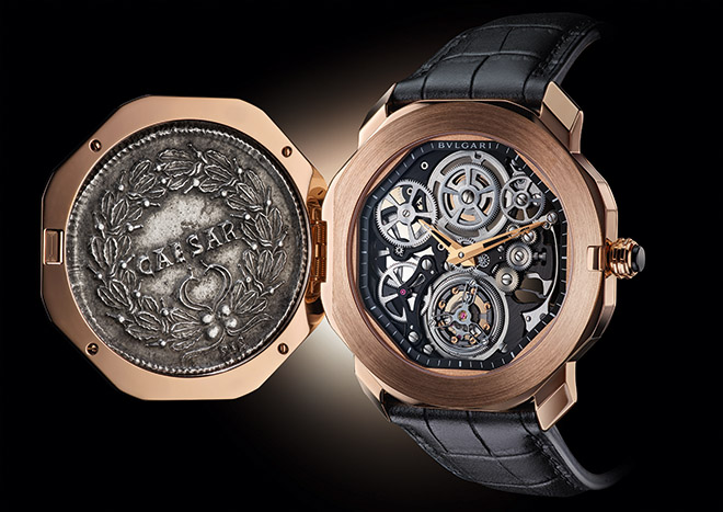 An ancient Roman coin bearing the visage of Constantine the Great covers the intricate mechanisms of Bulgari's contemporary fine watchmaking - here the Octo Finissimo Skeleton Flying Tourbillon