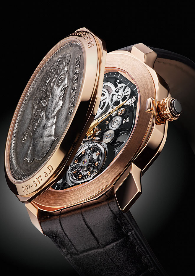 The new Bulgari Octo Finissimo Tourbillon Monete is covered by an ultra-rare 4th century Roman coin struck to mark the 20-year reign of Constantinus Augustus (307 to 337 AD).