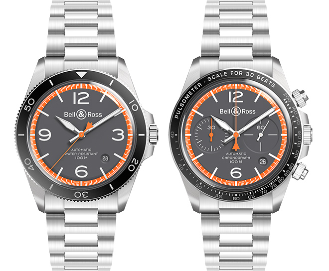 Left: BR V2-92 GARDE-CÔTES BRV292-ORA-ST/SRB with calibre BR-CAL.302 automatic. Right: BR V2-94 GARDE-CÔTES BRV294-ORA-ST/SST with calibre BR-CAL.301. Automatic mechanical.