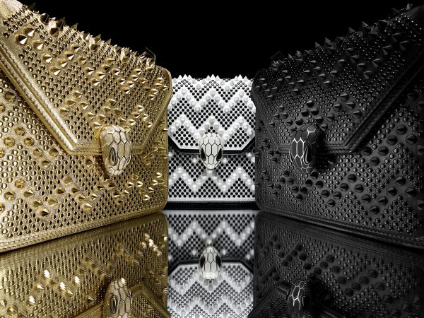 From left: Serpenti Forever by Nicholas Kirkwood, Flap Cover, Stud Chevron Gold/Nappa Gold; Stud Chevron White Ceramic/Black/Calf leather black and Stud Chevron black/Calf leather black. Retail price: SG$3980