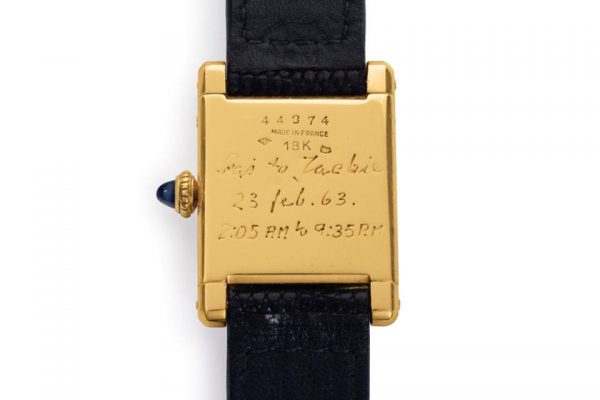 Caseback engraving of The Jacqueline Kennedy Onassis Cartier Tank with engraving from Prince Stanislaw “Stas” Radziwill commemorating the 50-mile hike