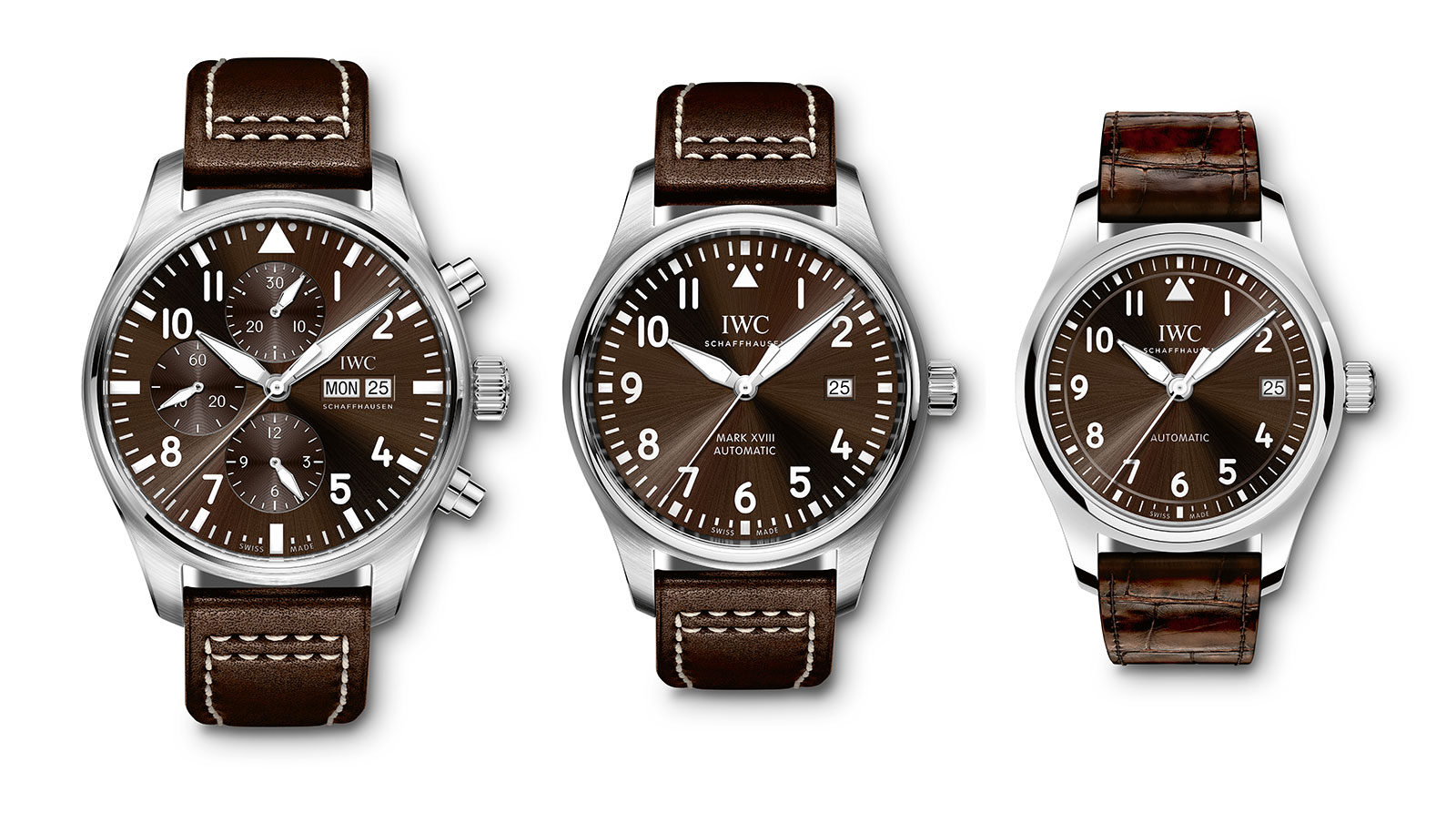 Left to right: IWC Pilot’s Watch Chronograph Edition “Antoine de Saint Exupéry” (Ref. IW377713), Pilot’s Watch Mark XVIII Edition “Antoine de Saint Exupéry” (Ref. IW327003), IWC Pilot’s Watch Automatic 36