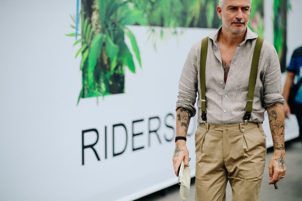 Stone on sand with contrast olive suspenders. Pitti Uomo 92 by Adam Katz Sinding