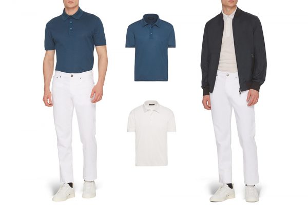 Left: Ermenegildo Zegna blue cotton pique polo jersey with white denims. Right: Ermenegildo Zegna off white cotton pique polo jersey