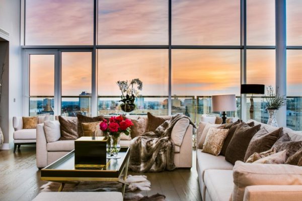Living room of the exclusive five bedroom penthouse at 375 Kensington High Street