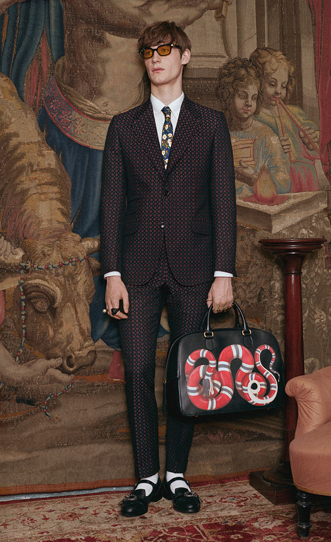 Classic Men's Style and the New Rules of Classic Elegance - The Gucci Heritage jacquard suit from Gucci pre-fall 2017 is not quite your stuffy old suit but with traditional, tightly packed motifs, it bears a tonal quality approaching what one might wear classically 'cept that it's not. I'd advise on a different pair of shoes though