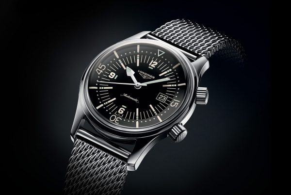 New classic mens style rules also mean going "vintage" - here, the new Longines Legend Diver ref. L3.674.4.50.6, equipped with the unique inner rotating bezel and Longines' L633 movement, now on "shark mesh" or milanese bracelet for a dressy or casual aesthetic depending on your ensemble.