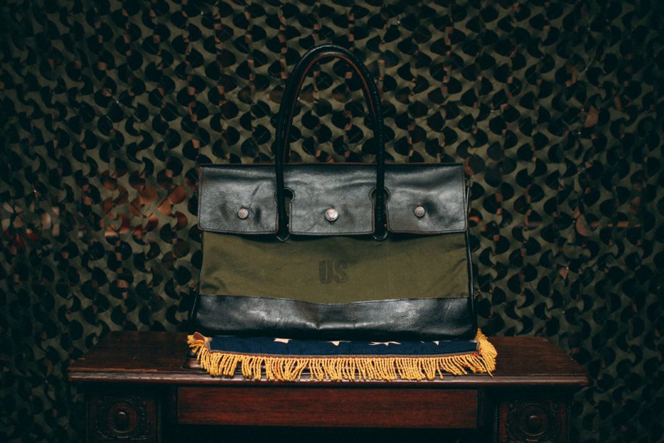 Mr. Sabotage's own 'Charlie 101' cargo tote adapted from a vintage postal and a Birkin bag.
