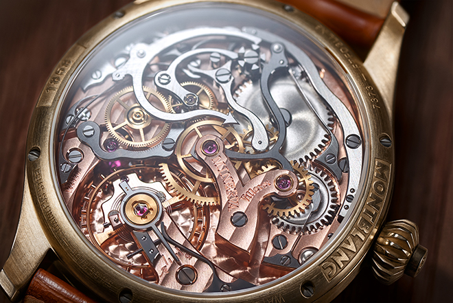The Montblanc MB M16.29 calibre here features impeccable hand finishing on every single component and there is much to see thanks to the chronograph's horizontal clutch layout