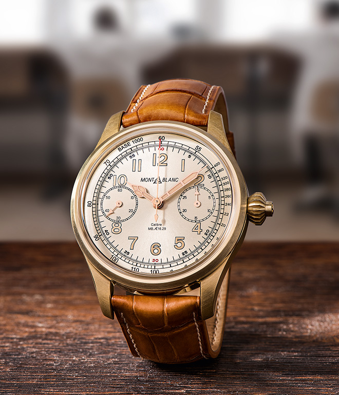 The 1858 Chronograph Tachymeter Limited Edition’s bronze case has been matched with a champagne-coloured dial