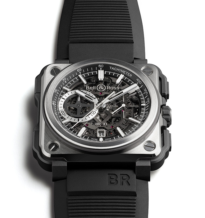 The Bell & Ross skeleton chronograph is equipped with a calibre BR-CAL.313. Automatic mechanical. ‘X’-shaped upper bridge. 56 jewels, 28,800 vph.