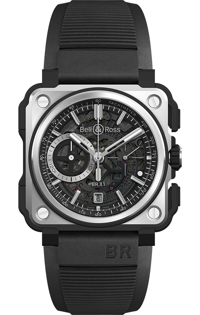 Bell & Ross BR X1 Black Titanium Chronograph is 45 mm in diameter with titanium and ceramic with rubber inserts. Rocker push-buttons. Back with opening in tinted sapphire crystal, centred on the balance.