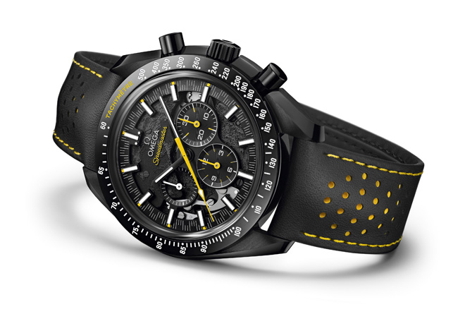 The new Baselworld 2018 Omega Speedmaster Dark Side Of the Moon Apollo 8 takes the core DNA black ceramic but updates it with a brushed finish reminiscent of the original Speedmaster Moonwatch and instead of two subdials, you get three register display