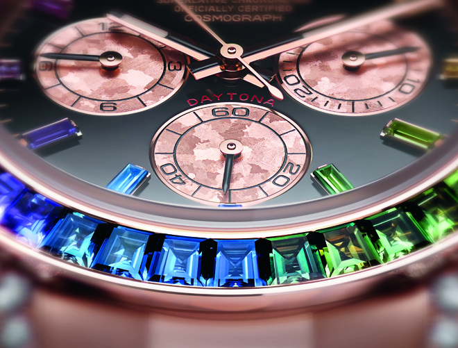 Chronograph counters made from pink Gold Crystals, match the Everose 18ct gold case with a special shimmering effect, created during the crystallization of a pink gold alloy