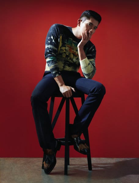 Prada Wool sweater, cotton pants, leather and fur shoes