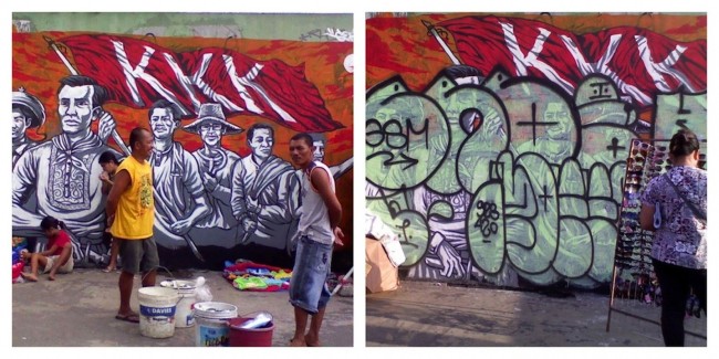 There is a certain nobleness to graffiti art as it carries a temporary quality along with the fast-paced changes happening in urban areas. Left, a 2012 Gerilya mural depicting Andres Bonifacio and the Katipunan, and at right, the mural defaced in 2013. Photos by Bernard Testa, InterAksyon.com.