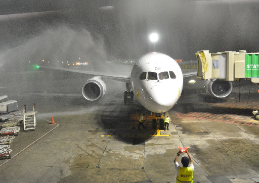 The first flight of Ethiopian Airlines' newest aircraft Dreamliner 787 to Manila was welcomed with a water cannon salute. Photo by Bernard Testa, Inter Aksyon.