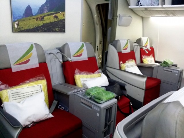 Ethipian Airlines' Dreamliner 787 features a 124-degree lie-flat recline seat for the utmost comfort of passengers. Photo by Romsanne Ortiguero, InterAksyon.com.