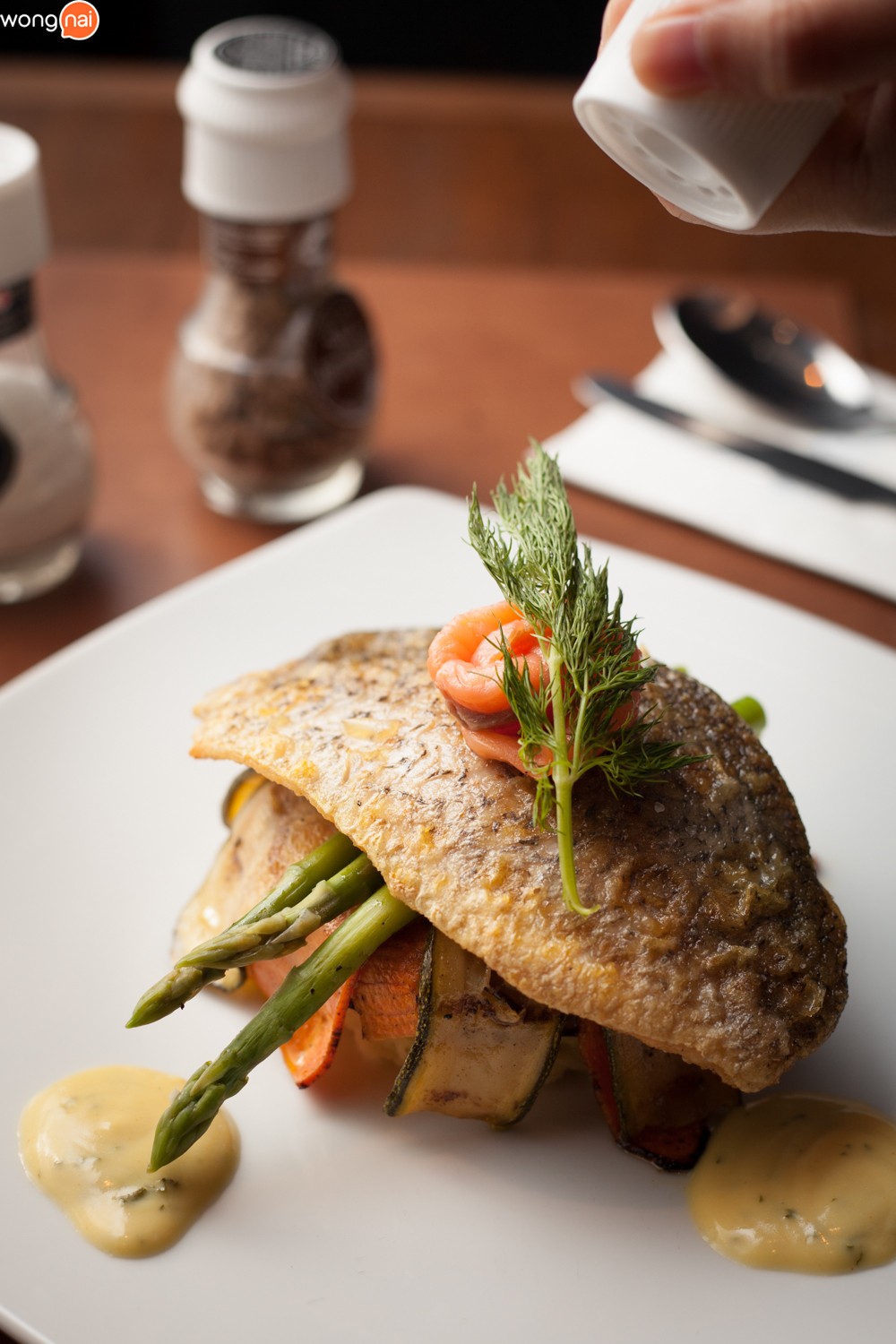 “Grilled Seabass & smoked salmon”