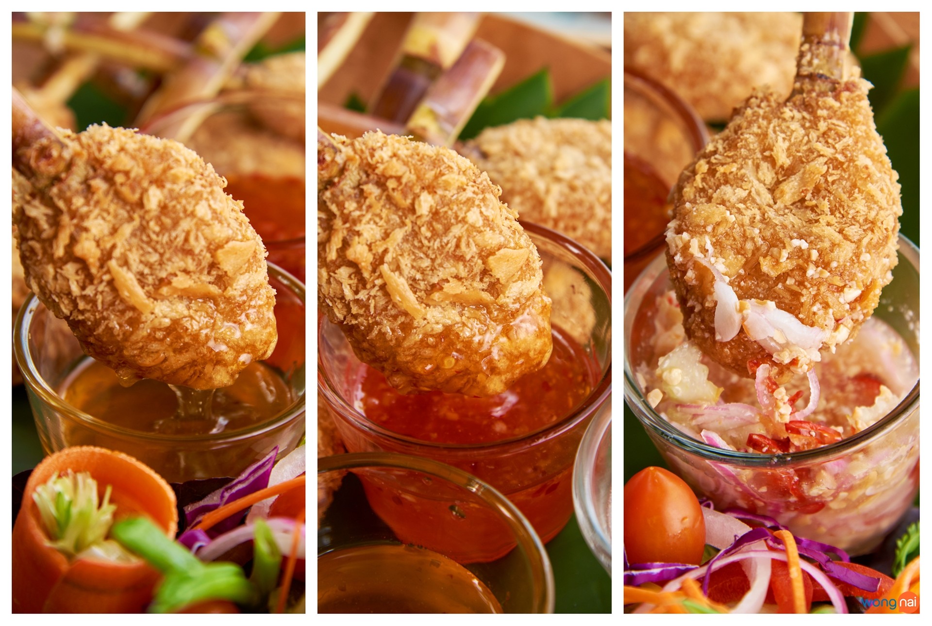 กุ้งพันอ้อย (250 บาท) กินมันส์ กับอาหารสไตล์เวียดนามฟิวชั่น เนื้อกุ้งหั่นคลุกเคล้าเข้ากับเครื่องต่างๆ จากนั้นจึงนำมาพักรอบแท่งอ้อย และนำไปทอดจนสุก แบบกรอบนอก แต่นุ่มและชุ่มชื่นอยู่ภายใน ชนิดที่ว่ากัดเข้าไปก็รู้สึกถึงกลิ่นหอม รสมันจากเนื้อ และมันกุ้งที่คลุกกันอยู่ด้านใน