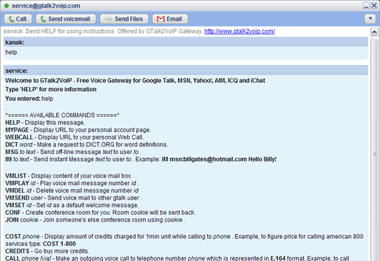 HELP command in Gtalk2voip bot
