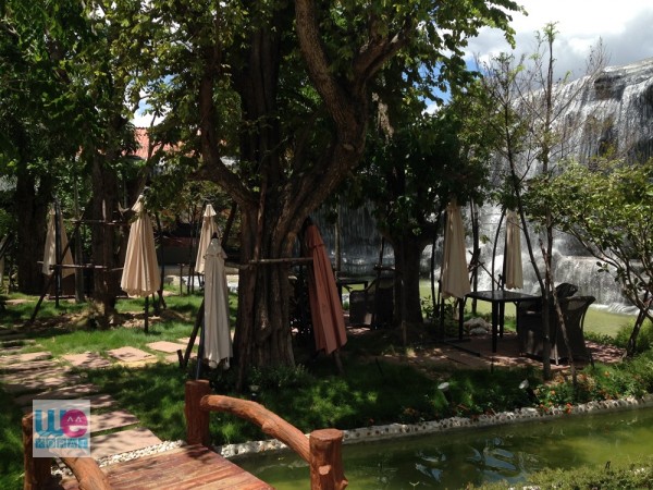 สวนภายนอกร้าน มีน้ำตกด้วย