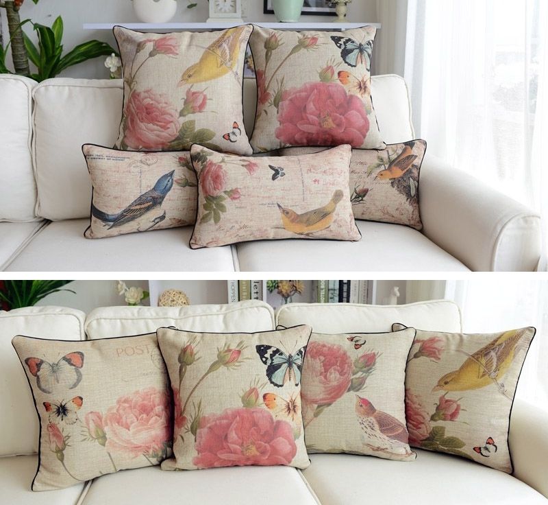 Rectangular Linen Throw Pillow Cushion Cover Shabby Chic Cottage Bird Floral eBay