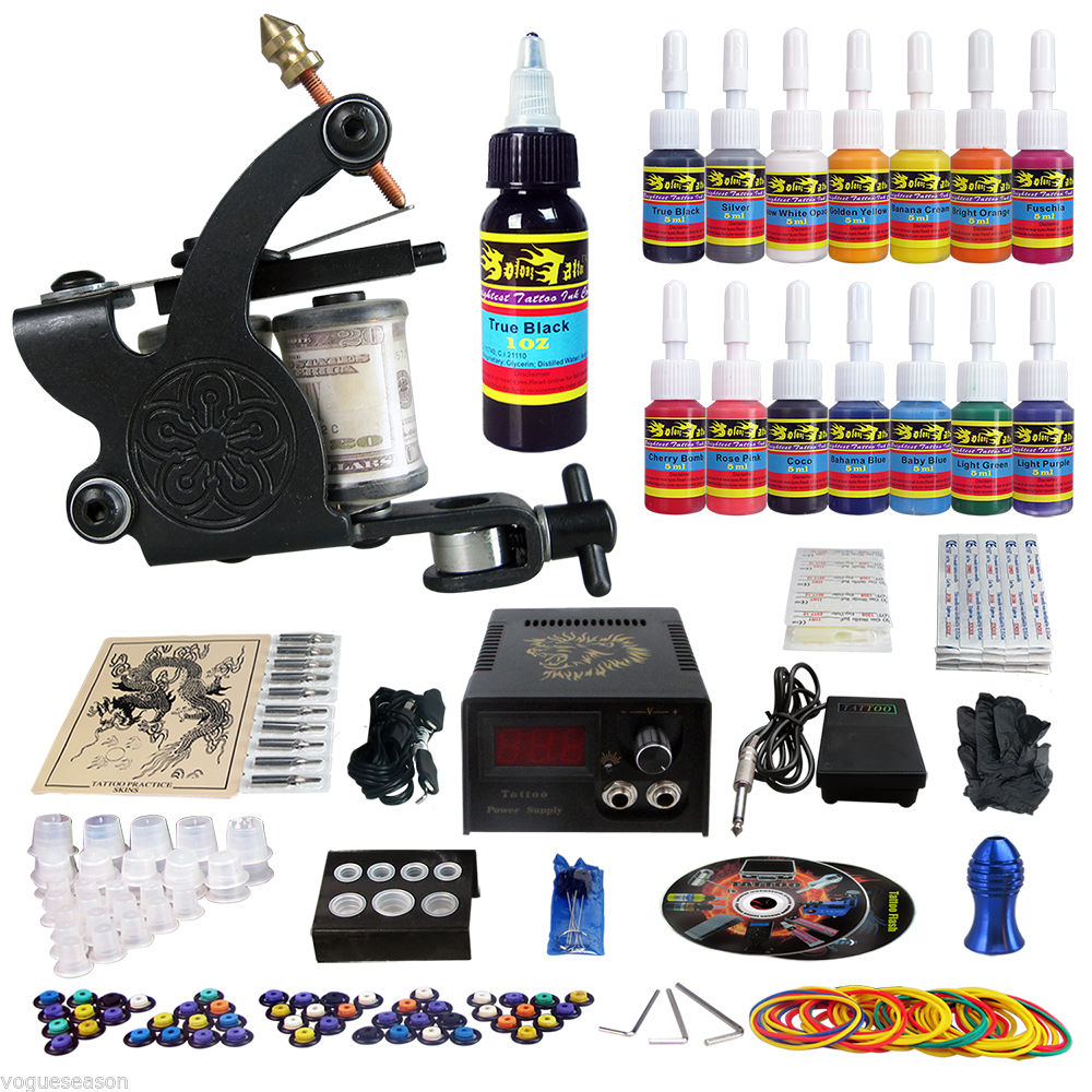 Complete Tattoo Kit 1 Tattoo Machine Guns Set 14 Ink Power
