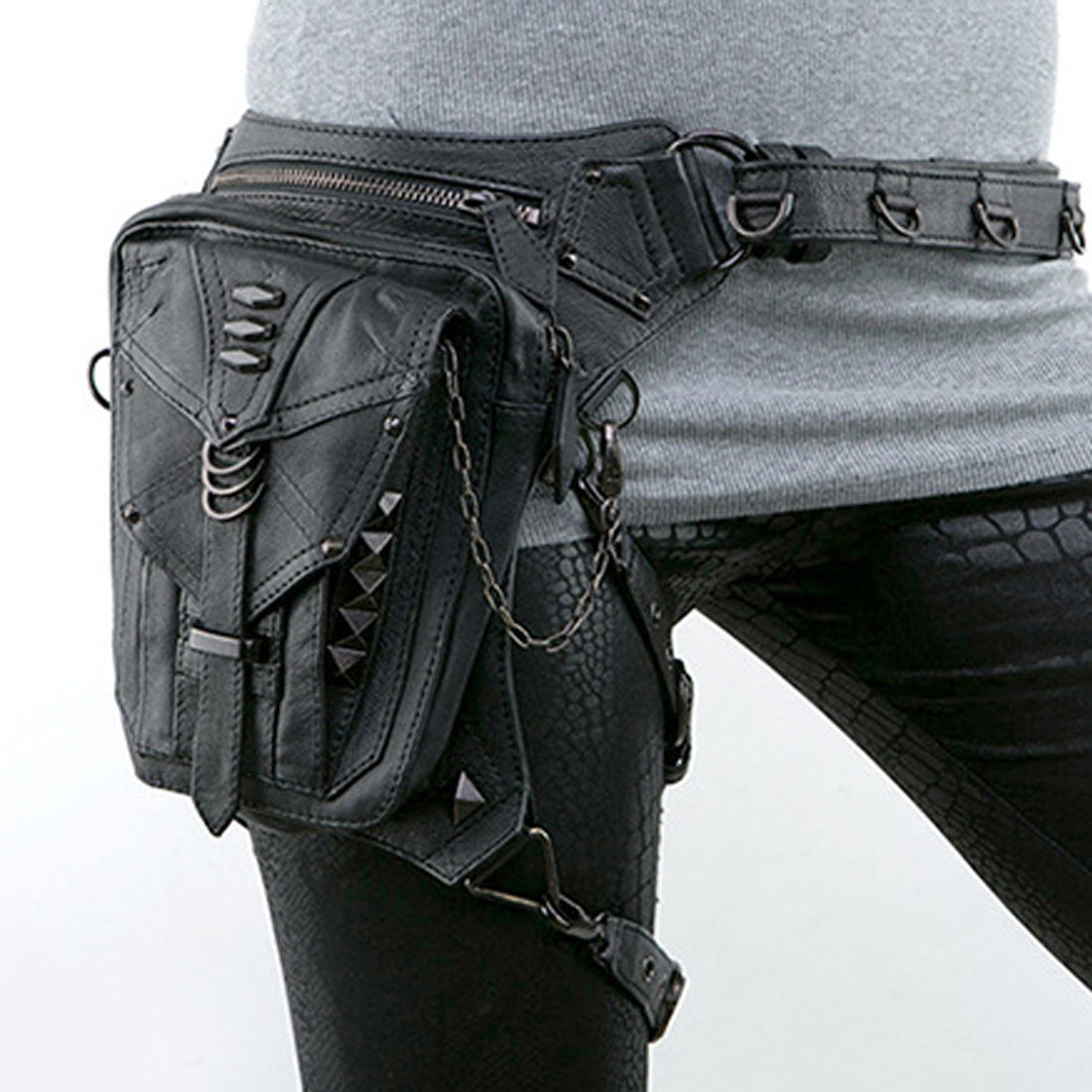 Unisex Leather Waist Fanny Leg Bag Motorcycle Rider Punk Rock Messenger