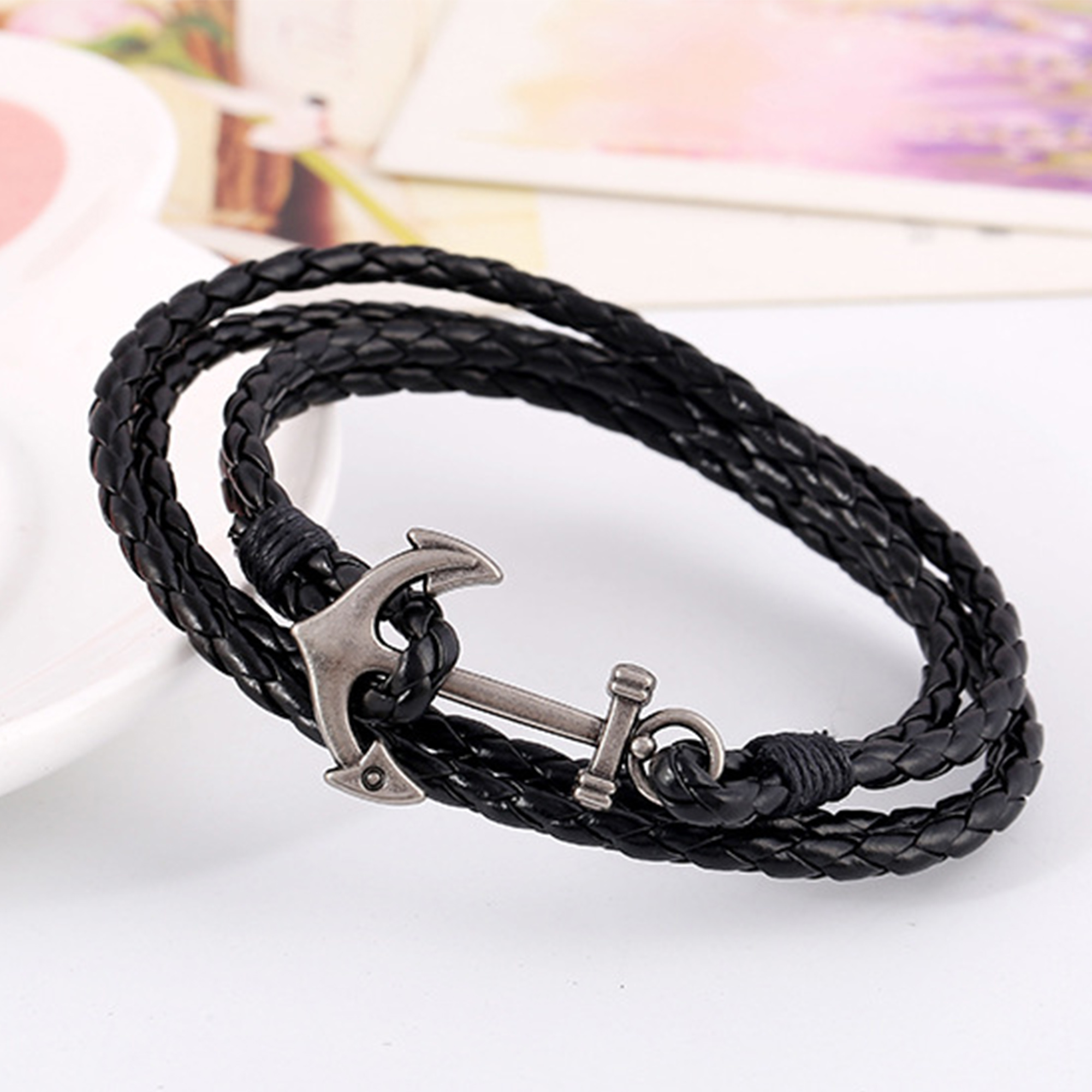 Men's Leather Alloy Anchor Bracelet Multilayer Woven Cuff Bracelet eBay