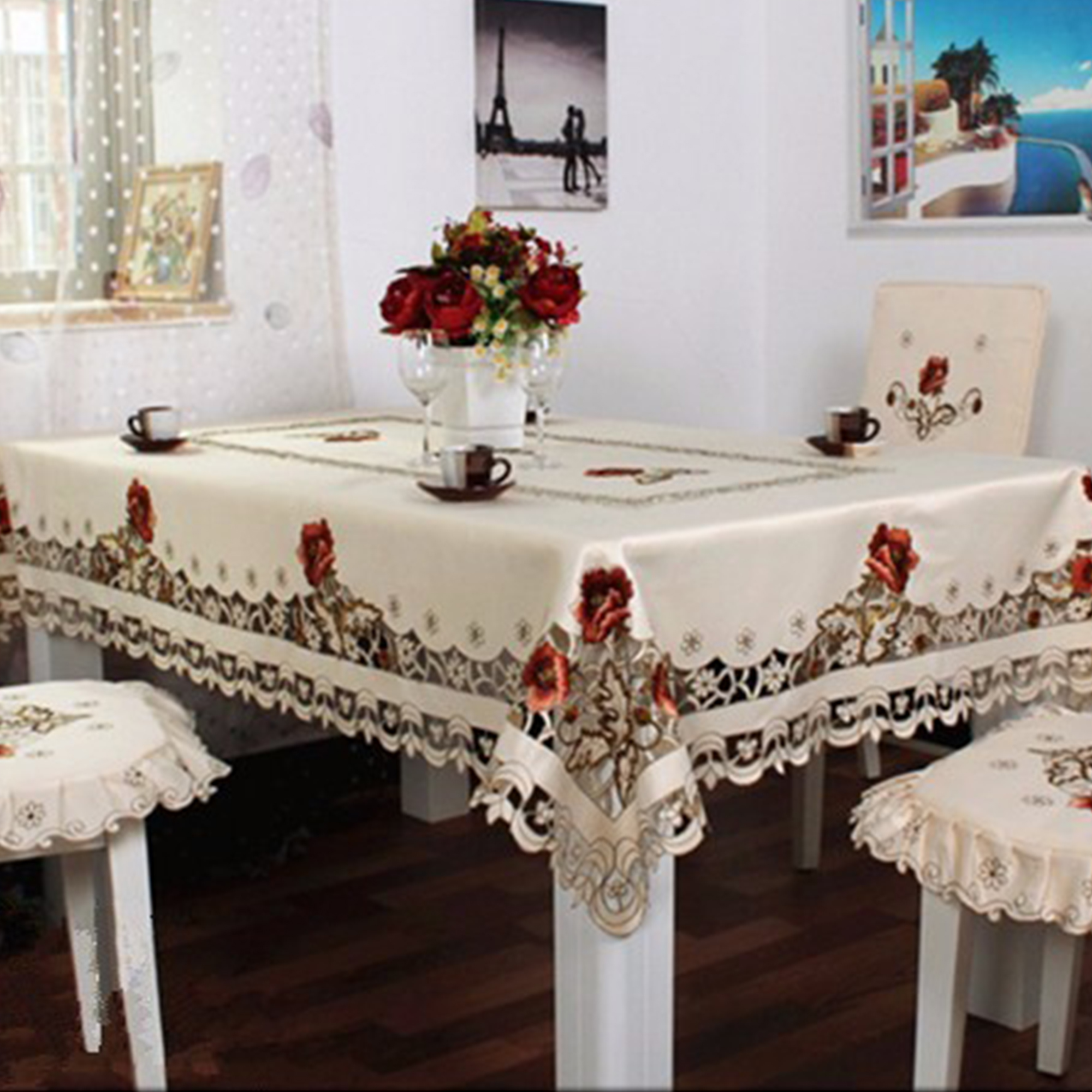 150 x 220cm White Cut work Tablecloth Embroidery Floral Table Cloths