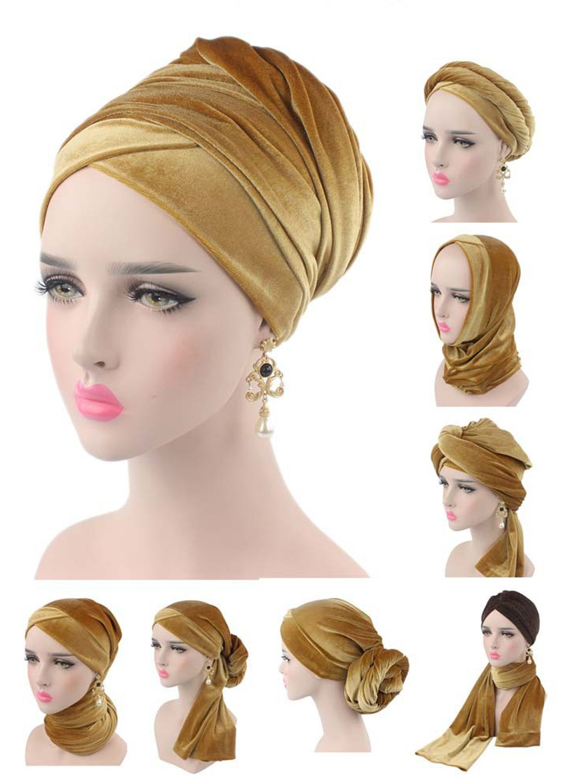 Luxury Velvet Mesh Nigerian Turban Long Head Scarf Headscarf Hijab Cap Earwarmer