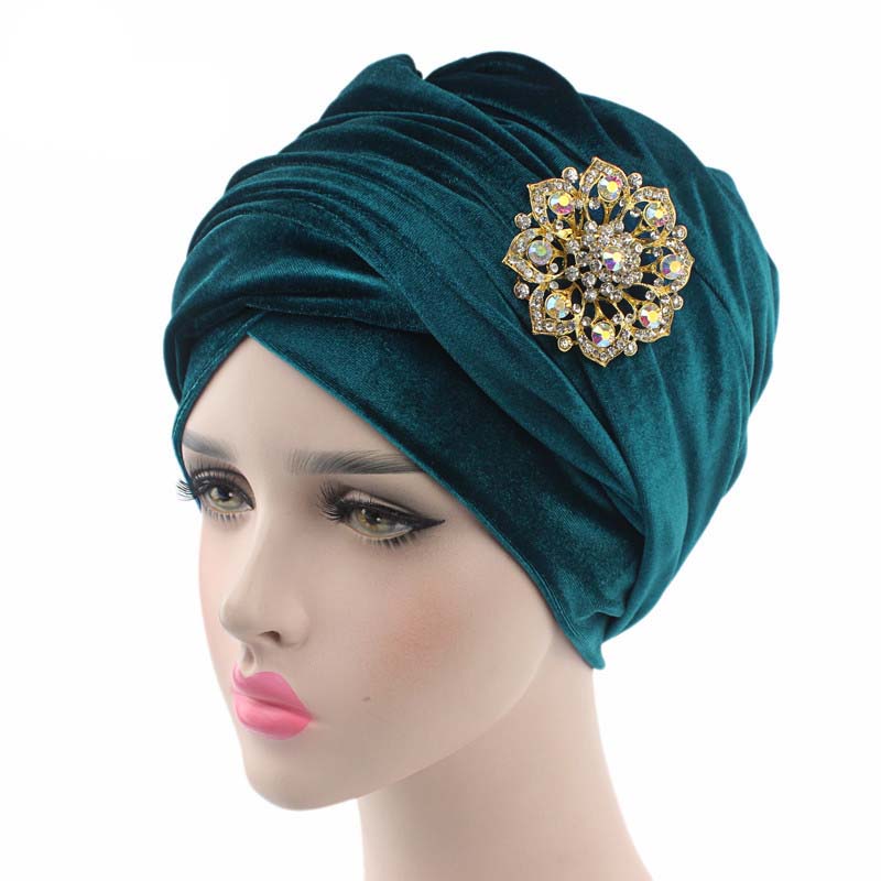 Brooch Beanie Long Scarf Turban Head Wrap Cap Scarve Women Hijab Velvet Hat