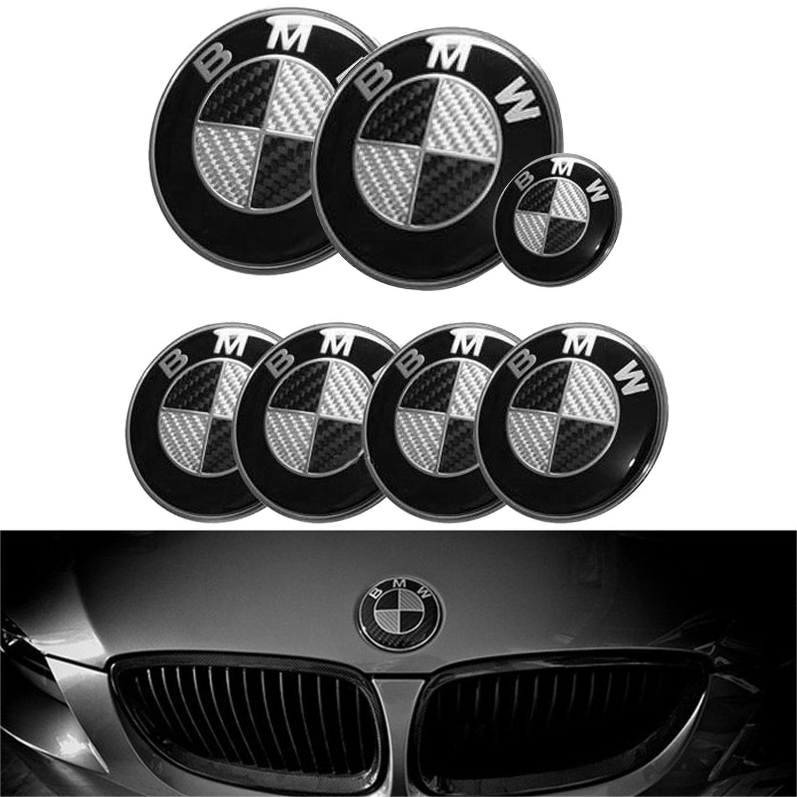 7pcs BMW Black Carbon Fibre Badge Emblem Set Wheel Centre 7x Caps e60